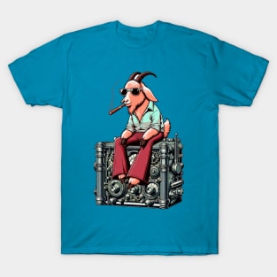 Goat Relaxing on Vintage Radio - Unique Digital Art T-Shirt